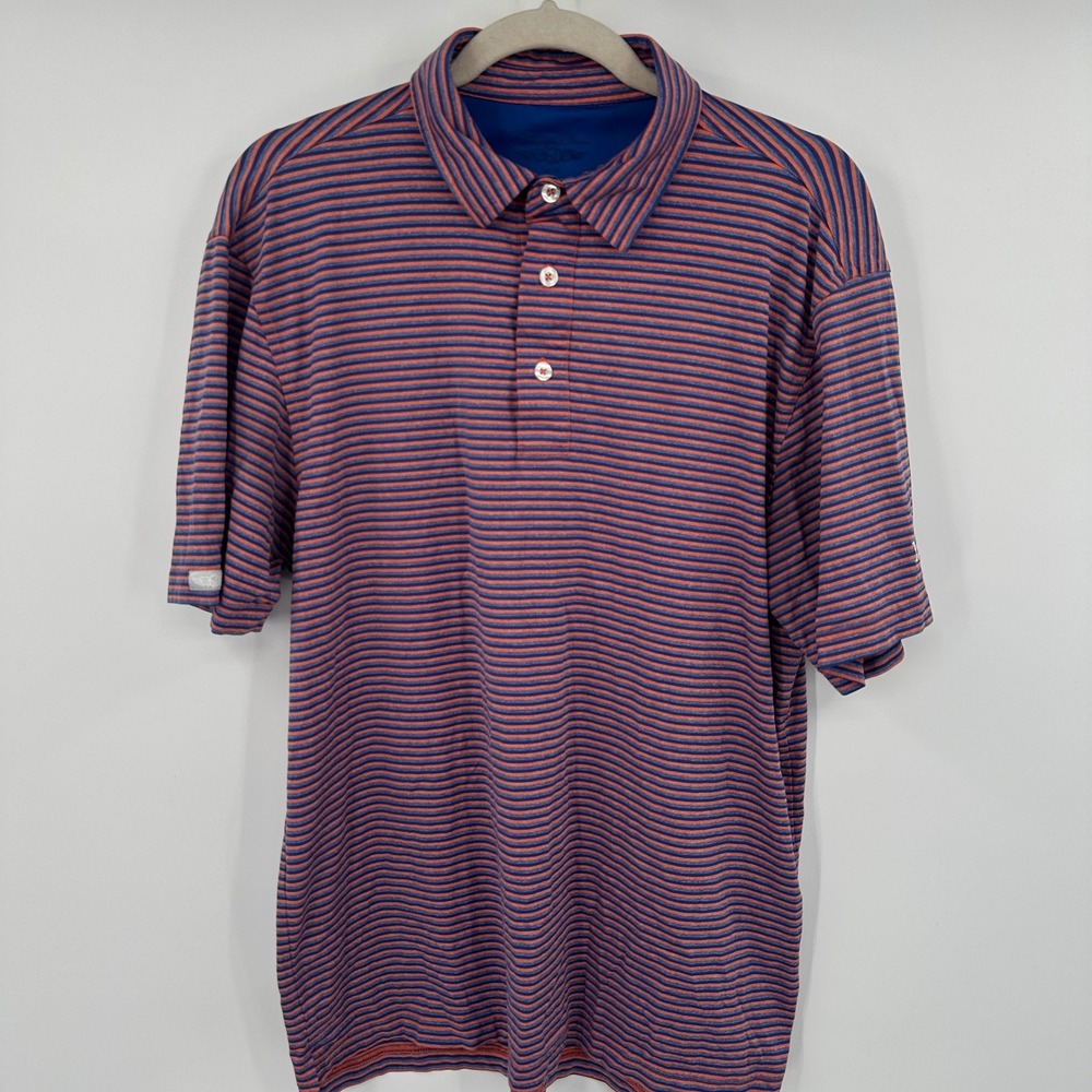 Straight Down 1854 Golf Polo Shirt Men's Medium Blue Orange Stripe‎ Performance